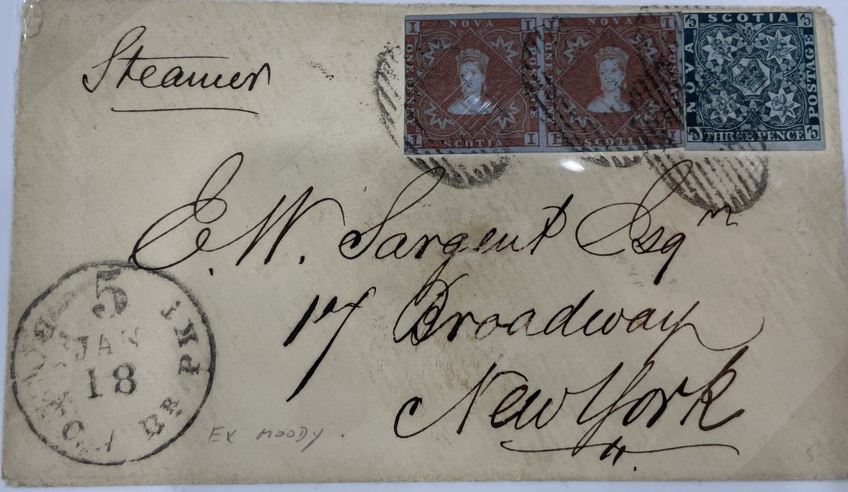 FIRST ISSUE of the DAY: Nova Scotia #1 pair with 3d stamp to pay the 5d rate to New York.  Jan 14th 1858 dispatch from Halifax and received in New York Jan 18th.  Was available at WESTPEX #Canada #NovaScotia #philately