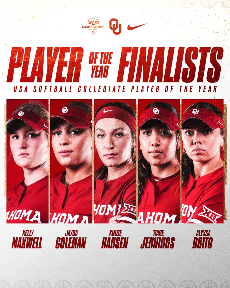 𝐅𝐢𝐯𝐞 Sooners have been named among the top-26 finalists for @USASoftball Collegiate Player of the Year ☝️ 🗞️ » ouath.at/3wkquWb #ChampionshipMindset