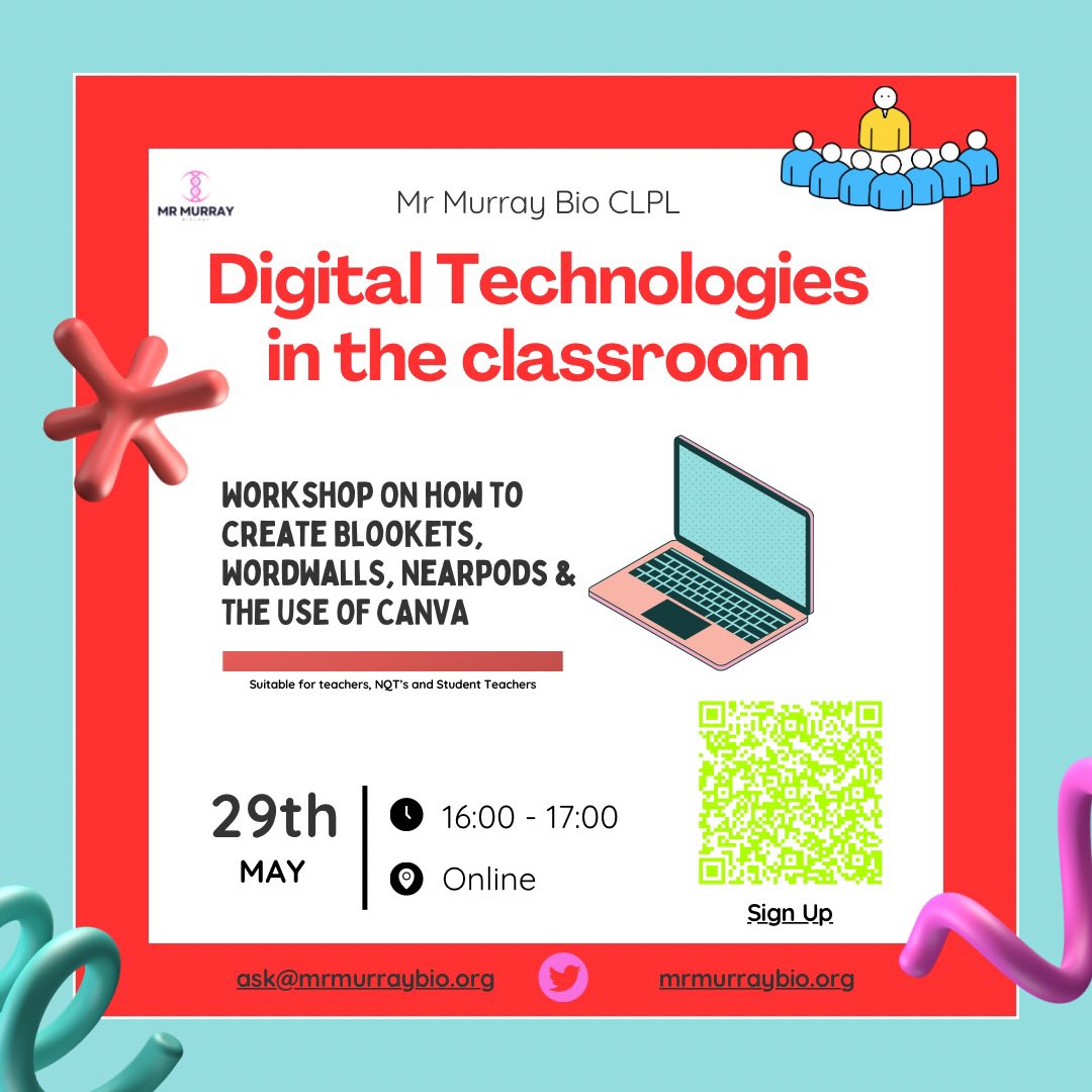 Teachers, student teachers & NQT’s 📣 Please see below a CPD session I am running on the 29th of May online and FREE. Shares/likes appreciated 📲 I will be talking through how you create your own resources using the different platforms. forms.office.com/Pages/Response… Sign up via QR…