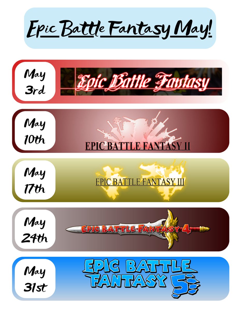Yet another themed month! Here's the stream schedule for May. This time, I'm dedicating the whole month to one video game series, #EpicBattleFantasy :D

Join me each Friday at 9pm EST to explore an amazing world of witty humor and combat mayhem!

#YouTube #streaming