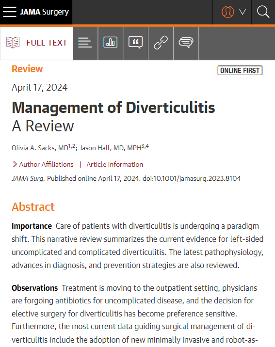 Most viewed in the last 7 days from @JAMASurgery: Care of patients with diverticulitis is undergoing a paradigm shift. This narrative review summarizes the current evidence for left-sided uncomplicated and complicated diverticulitis. ja.ma/3Qko5Sc