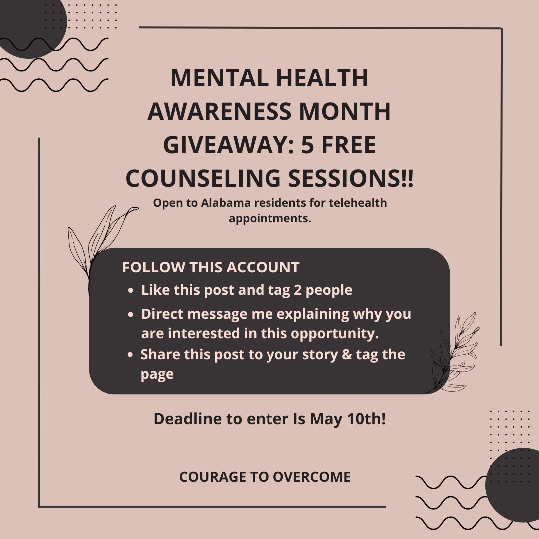 I'm offering a special giveaway! One lucky individual from the communities I serve—maternal health, reproductive health, parenting, women's cancers, first responders, & Black mental health will receive 5 FREE counseling sessions.

#MentalHealthAwareness #Couragetoovercome