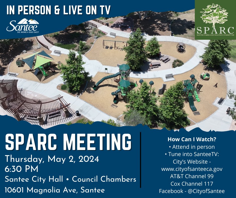Tune into tomorrow's SPARC meeting! The meeting starts at 6:30pm in the Council Chambers at Santee City Hall 10601 Magnolia Ave, Santee. Watch live on SanteeTV or our city's Facebook page. View the agenda here:bit.ly/3UBjzkW #CityofSantee #DoMoreDueEast #SPARC