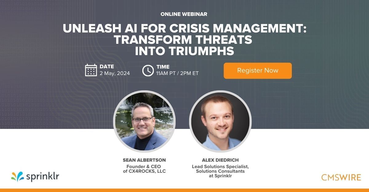 Join us tomorrow and get ready to uncover innovative crisis management strategies with Alex Diedrich, Lead Solutions Specialist at @Sprinklr. Learn how AI can transform threats into triumphs for your brand. Register now: bit.ly/49T658o