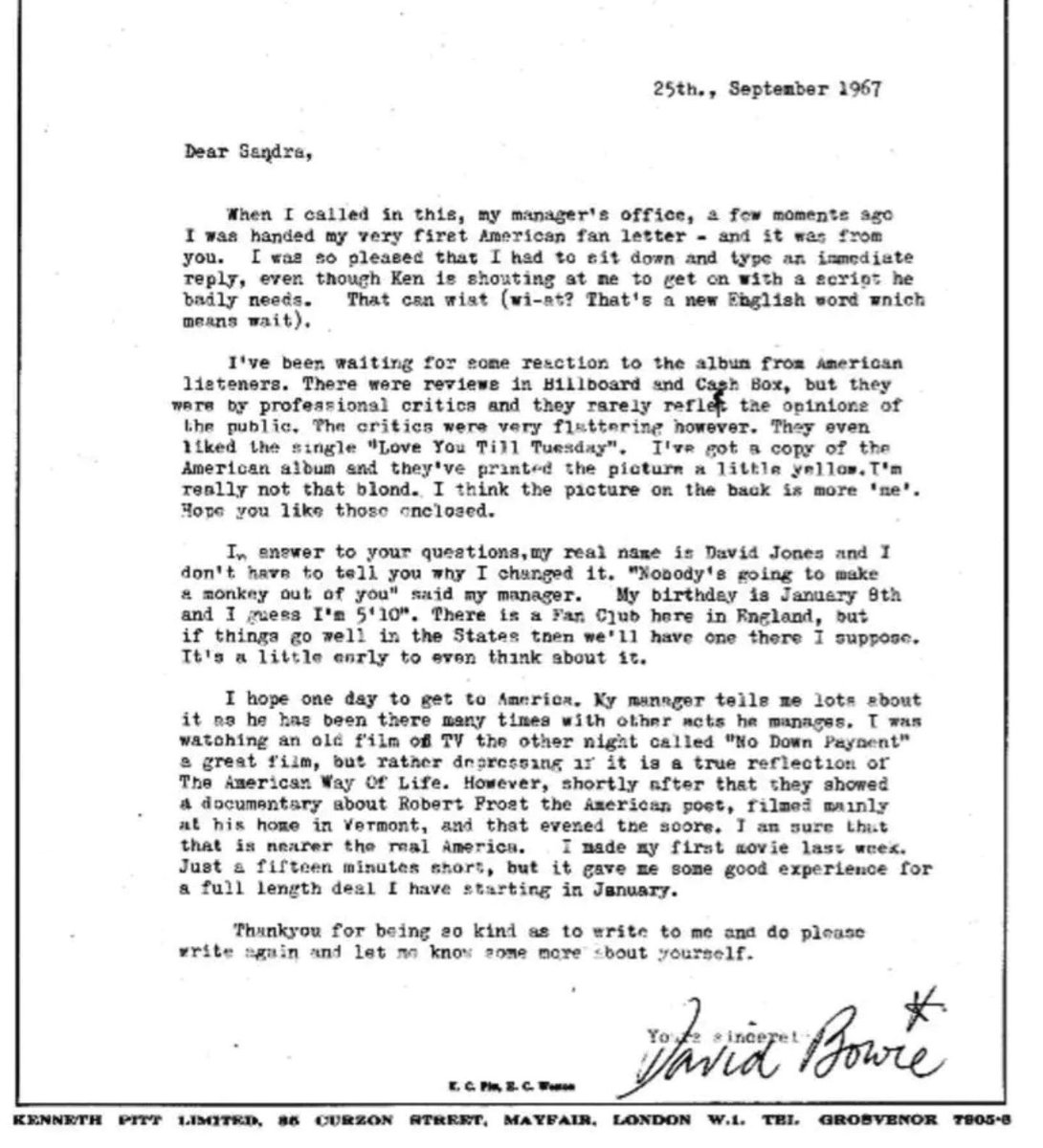 David’s first letter to an American fan. 14 year old Sandra Sandra Dodd wrote to DB to tell him how she loved his new LP (released June 1967) and he responded with a heartfelt letter. In May 2016 it was sold for £4700 at auction #BowieForever #DavidBowie