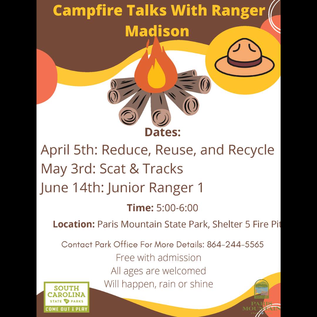 Join Ranger Madison for 🔥 Campfire Talks at Shelter 5 & 6 at Paris Mountain State Park, May 3 at 5 p.m. to explore the world of scat and tracks! Programs are free with park admission and are suitable for all ages. brnw.ch/21wJmhm