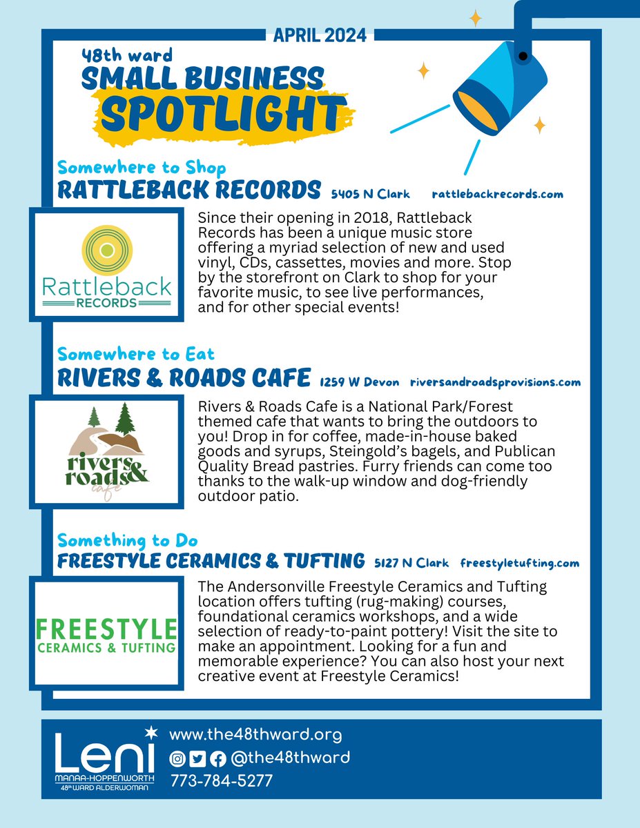 🌟APRIL SMALL BUSINESS SPOTLIGHT🌟 This month we're spotlighting @RattlebackRec Rivers and Roads Cafe, and Freestyle Ceramics & Tufting. Read more: bit.ly/4aWHAZm. Newsletter saw it first! Sign up at the link in our bio. [Pic: flyer with businesses' logos and bios]