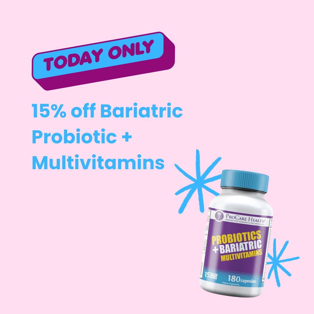 ⚡️ FLASH SALE ⚡️

Today only get 15% off ProCare's Bariatric Probiotic + Multivitamins! Shop the sale with code BARI15, while supplies lasts: buff.ly/3JEZhR4

#GutHealth #Probiotics #gastricbypass #vsg #rny #wlsnews #vsgfacts #health #sleevesurgery #weightloss