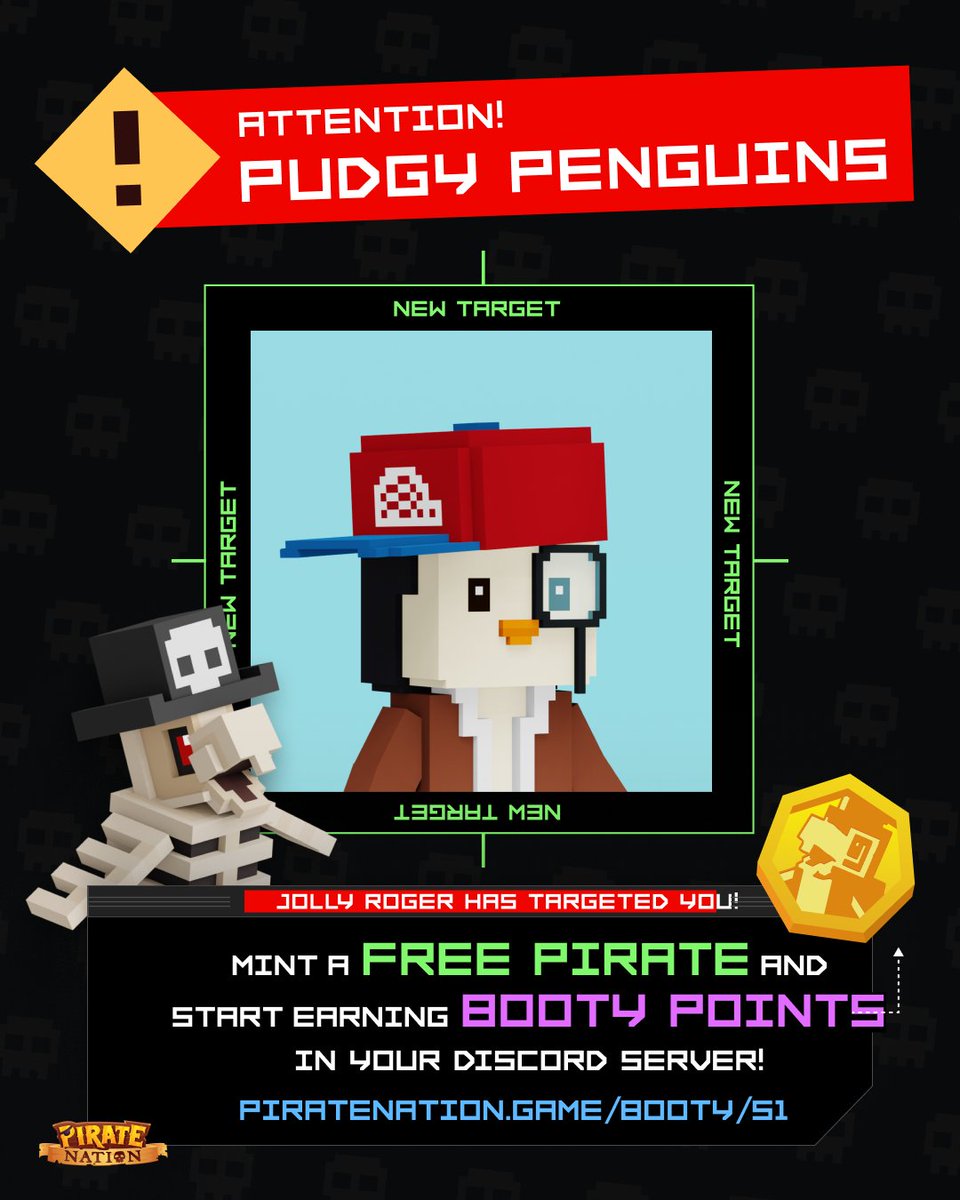 Welcome @pudgypenguins to the Jolly Roger 🐧🏴‍☠️ For the next 48 hours, anyone holding a Pudgy Penguin, Lil Pudgy, or Rod can mint a free Pirate, join the game, and start earning BOOTY Points. The Pudgy Penguins Discord server is now also open to BOOTY social Piracy!