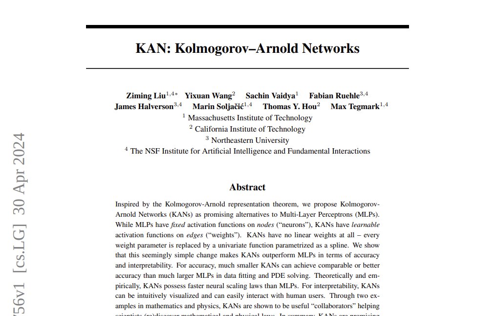 Okay, first pass over KAN: Kolmogorov–Arnold Networks, it looks very interesting! Interpretability of KAN model: May be considered mostly as a safety issue these days, but it can also be used as a form of interaction between the user and a model, as this paper argues and I…
