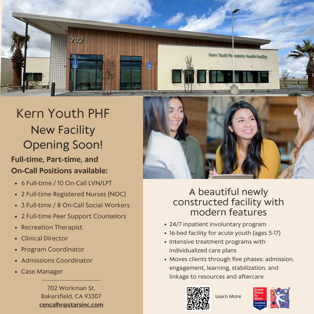 Exciting Alert! Join our team at Kern Youth PHF! We're opening to provide quality care for youth aged 5-17. If you're passionate about making a difference and thrive in a modern, dynamic environment, we want you on our team! #Careers #YouthCare #JoinUs ⭐ #PeopleForPositiveChange