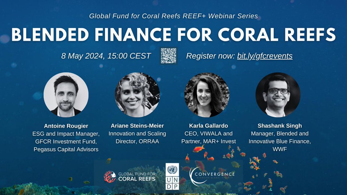 💻Webinar, 8 May 2024, 09:00 EDT / 15:00 CEST “Blended Finance for Coral Reefs” Join GFCR and @ConvergenceBF for an expert deep dive into blended finance, including diverse approaches, design process, outcomes to date, and key takeaways! Register now:bit.ly/gfcrevents