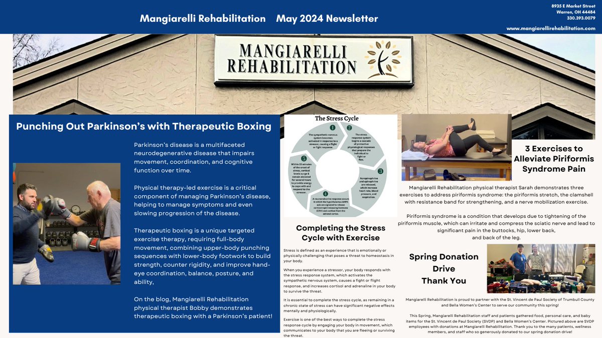 Check out our May 2024 #Newsletter, highlighting: bit.ly/may-2024-newsl…
✨ Punching Out #Parkinsons w/ #TherapeuticBoxing
✨ Completing the #StressCycle w/ #Exercise
✨ 3 #Exercises to Alleviate #PiriformisSyndrome
✨ Spring #DonationDrive Thank You

#parkinsonsdisease