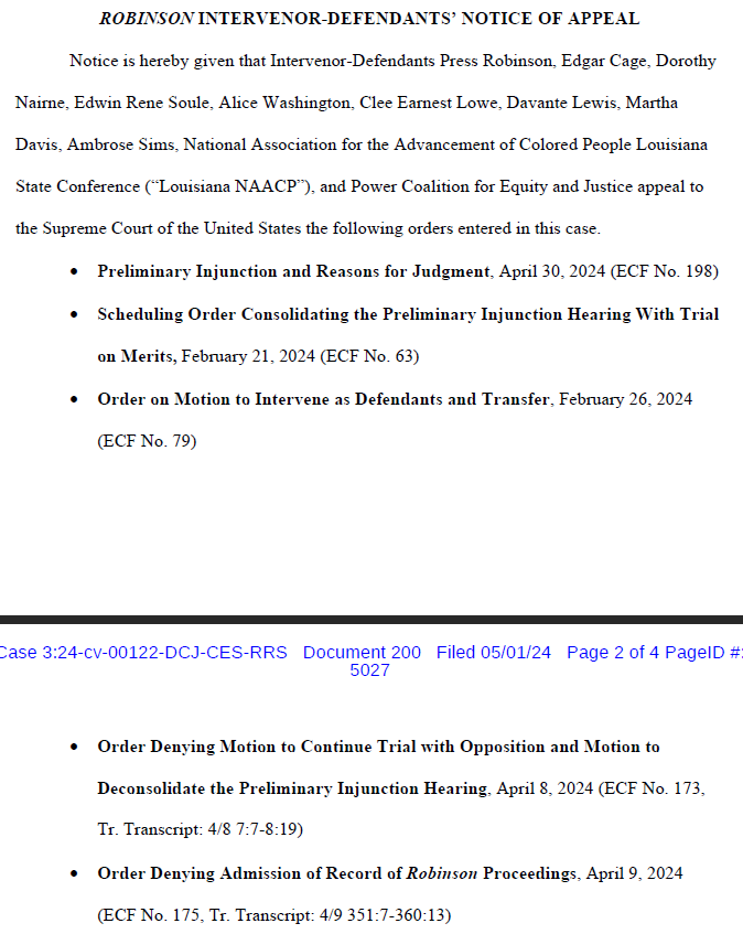 NEW: In the Louisiana congressional redistricting fight, a group of Black Louisiana voters represented by @NAACP_LDF and @ACLU says they plan to appeal to SCOTUS the three-judge court ruling that blocked the state’s new congressional map documentcloud.org/documents/2462…