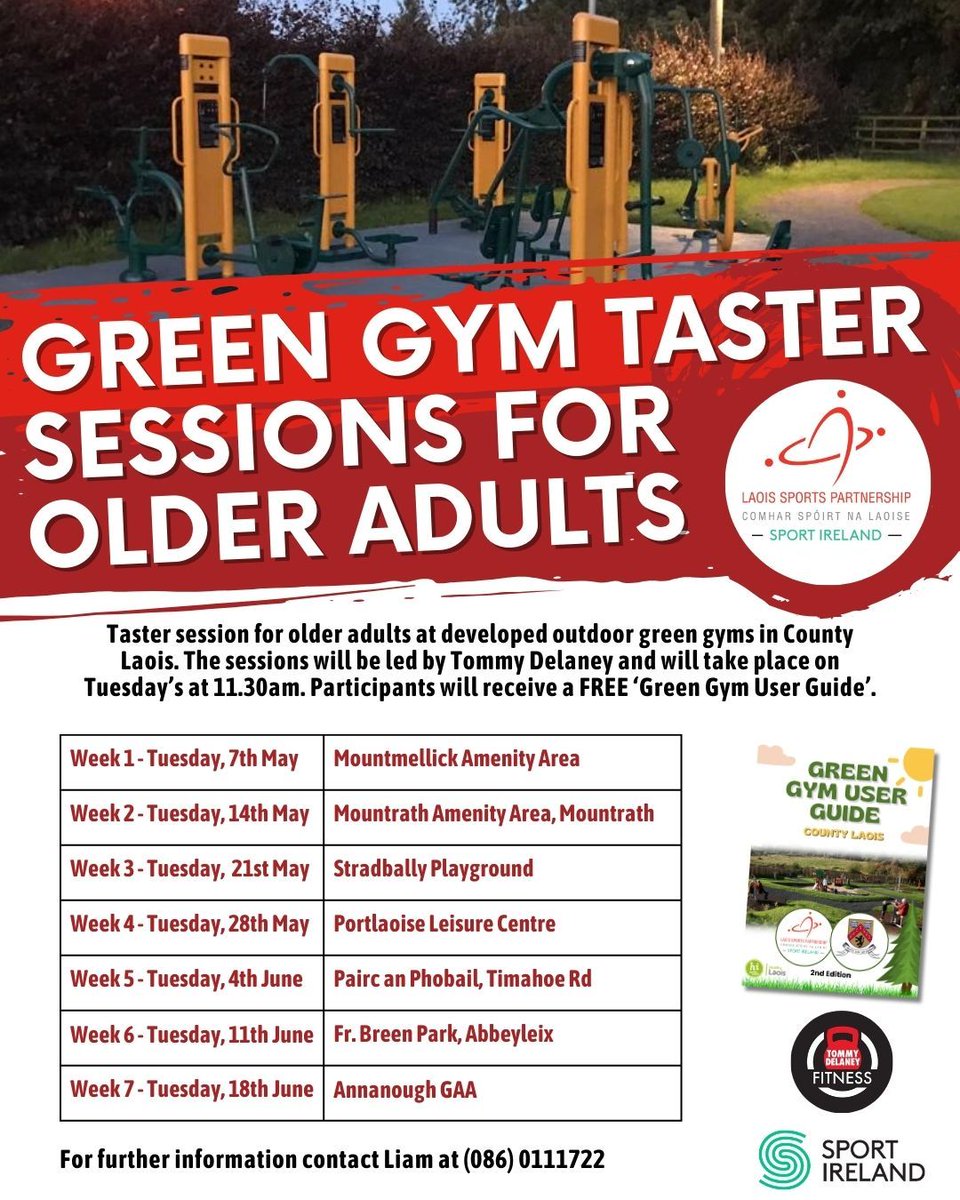 🌟🌟Green Gym Taster Sessions for Older Adults🌟🌟 Taster sessions for older adults at developed outdoor green gyms in County Laois. The sessions will be led by Tommy Delaney and will take place on Tuesdays at 11.30am. For further information contact Liam at (086) 0111722