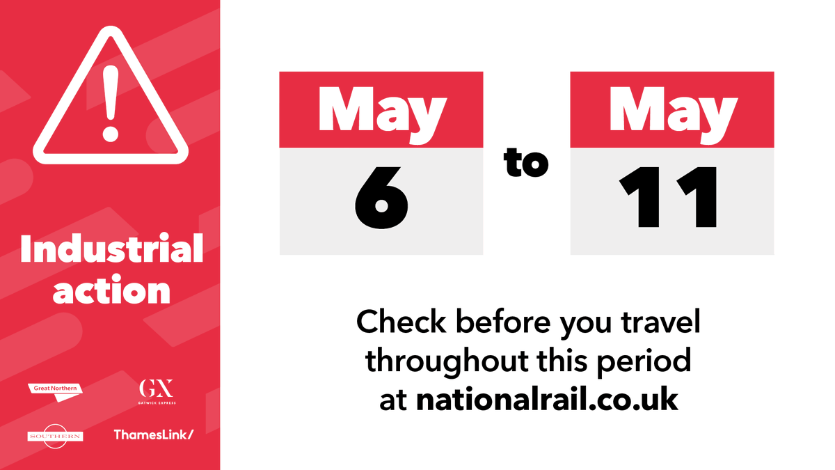 📢 May Industrial action 6: Bank Holiday Monday timetable 7: NO TRAINS, on the vast majority of the network 8 (late start up) - 10: Amended timetable, fewer services 11: Usual Saturday timetable (except for some engineering works) 📲 Check ahead, nationalrail.co.uk