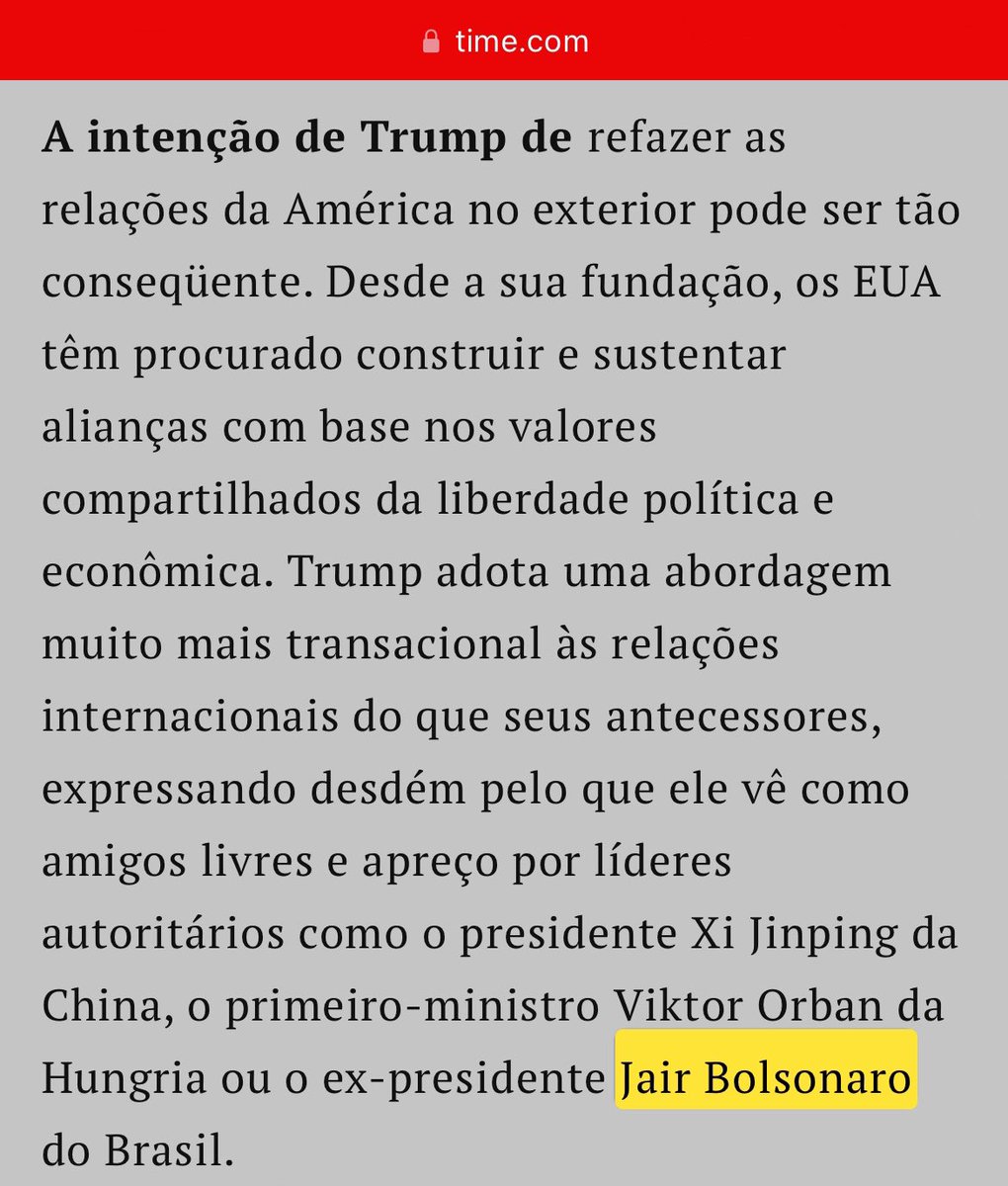 O Presidente @jairbolsonaro foi citado pela revista Time na entrevista do Presidente @realDonaldTrump publicada ontem como um dos “líderes autoritários” aos quais Donald Trump tem apreço…