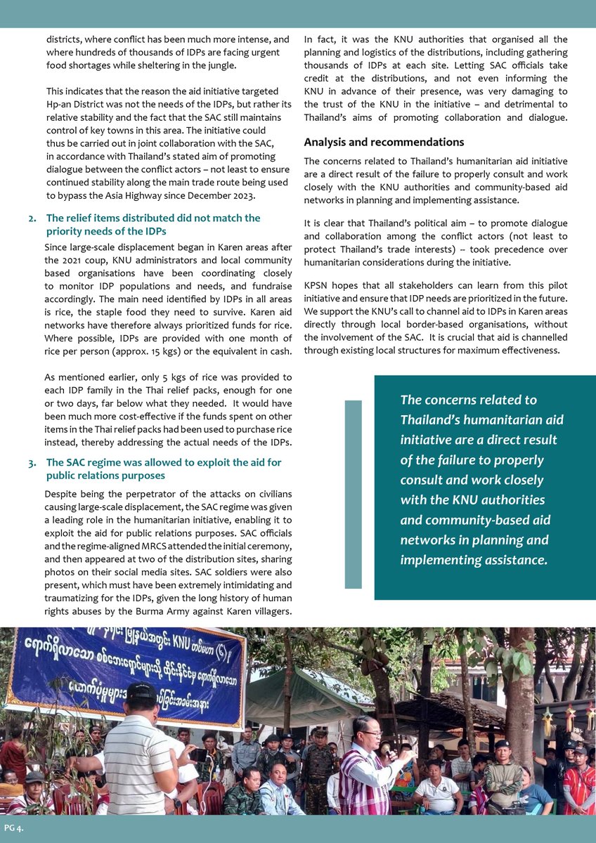 📄Today, KPSN releases a new briefing paper, “Conflicting Priorities: A review of Thailand’s humanitarian initiative in Karen State,” which raises concerns about Thailand’s humanitarian aid initiative in Hpa-an District of Karen State in March 2024. 🔗t.ly/kj6kF