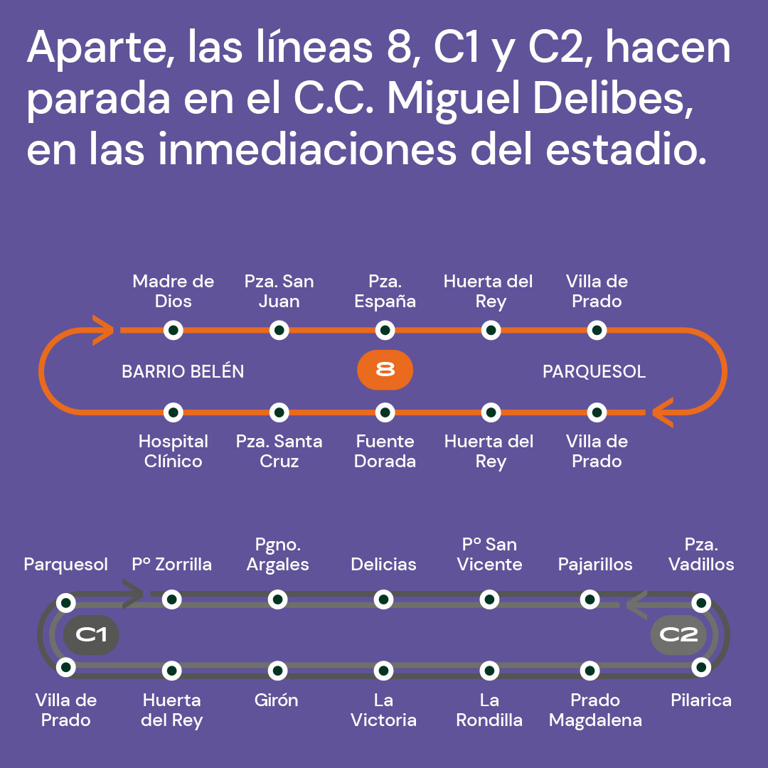 📢 El sábado, disfruta del partidazo que se disputará en Zorrilla en la lucha por el ascenso 👉 #MejorEnBUS

⚽️ @RealValladolid 🆚 @RCDEspanyol

🏟 #EstadioJoséZorrilla

⏰ Salida #LíneasF a las 17:30 h. (desde La Cistérniga a las 17:15 h.)

🚍 F1, F2, F3, F4, F5, F6 y 8, C1, C2