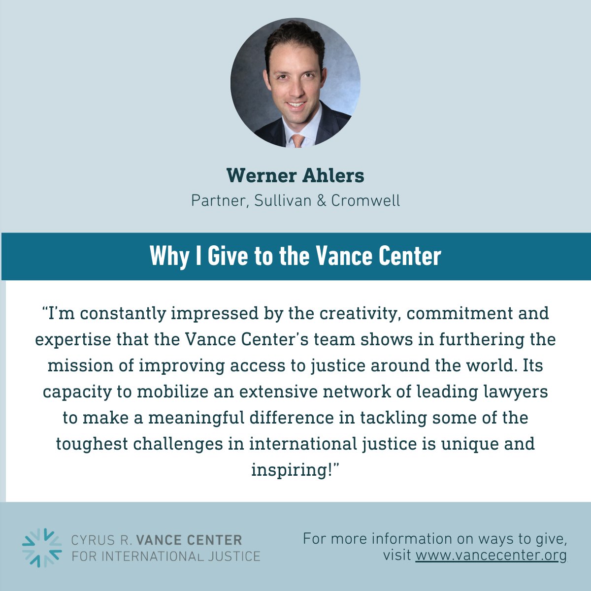 As we reflect on our fiscal year, we want to highlight some of the individuals who give their time, resources, expertise, and more to support us. This year, we asked a few of them: why does supporting the Vance Center matter to you? Visit vancecenter.org.