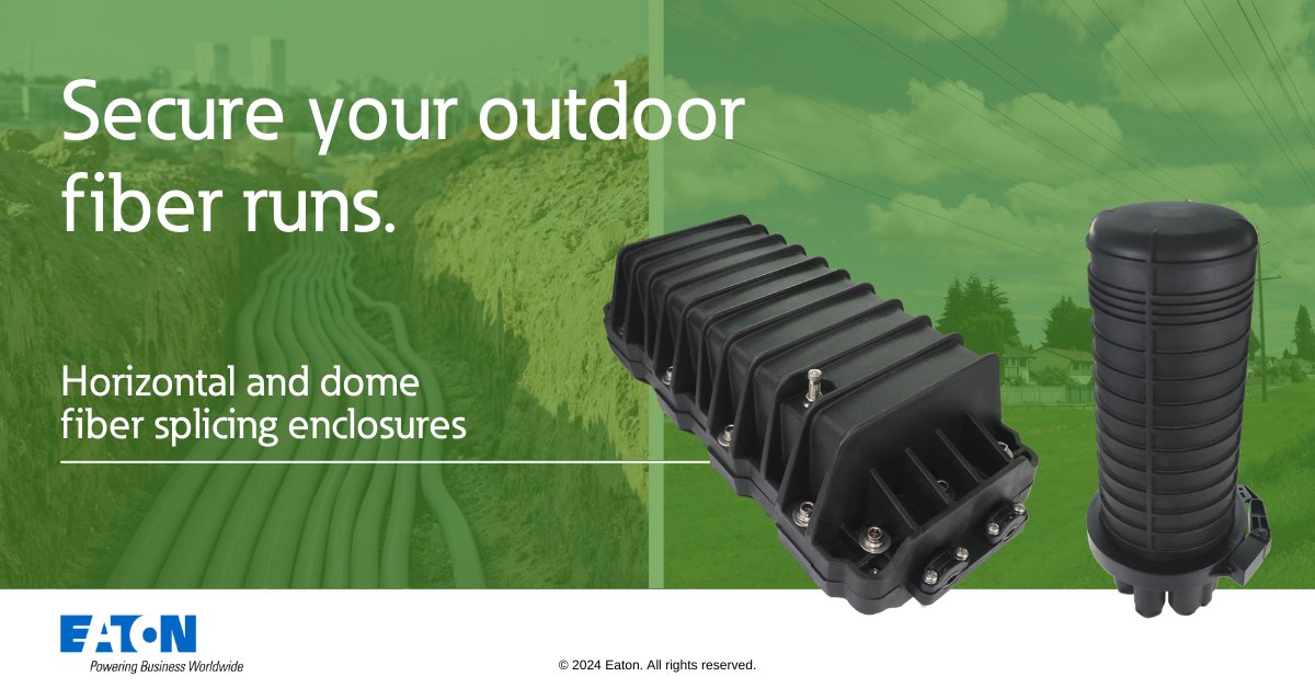 Protect fiber runs from the elements with our IP68-rated fiber splicing enclosures. Ruggedized to protect large-scale deployments from moisture, dirt and dust when mounted outdoors or buried underground. Read more at: eaton.works/3Wm2HzE #EatonGetsIT