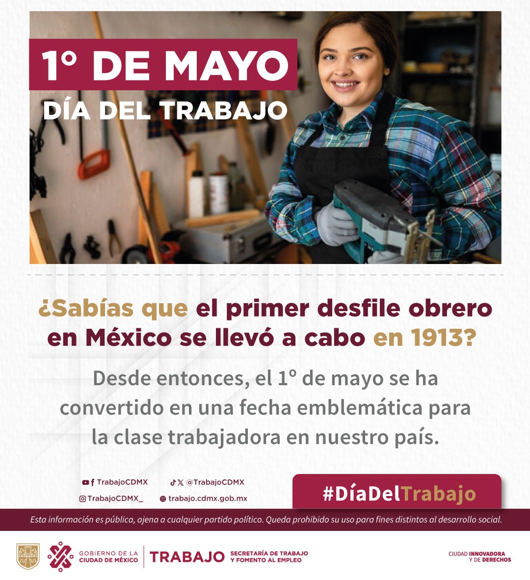 #DíaDelTrabajo | 💼👩‍🔧👨‍🔧 ¿Sabías que el primer desfile obrero en México se llevó a cabo en 1913? Desde entonces, el 1º de mayo es una fecha emblemática para la clase trabajadora en nuestro país.  #TrabajoEnLaCiudad @TrabajoCDMX