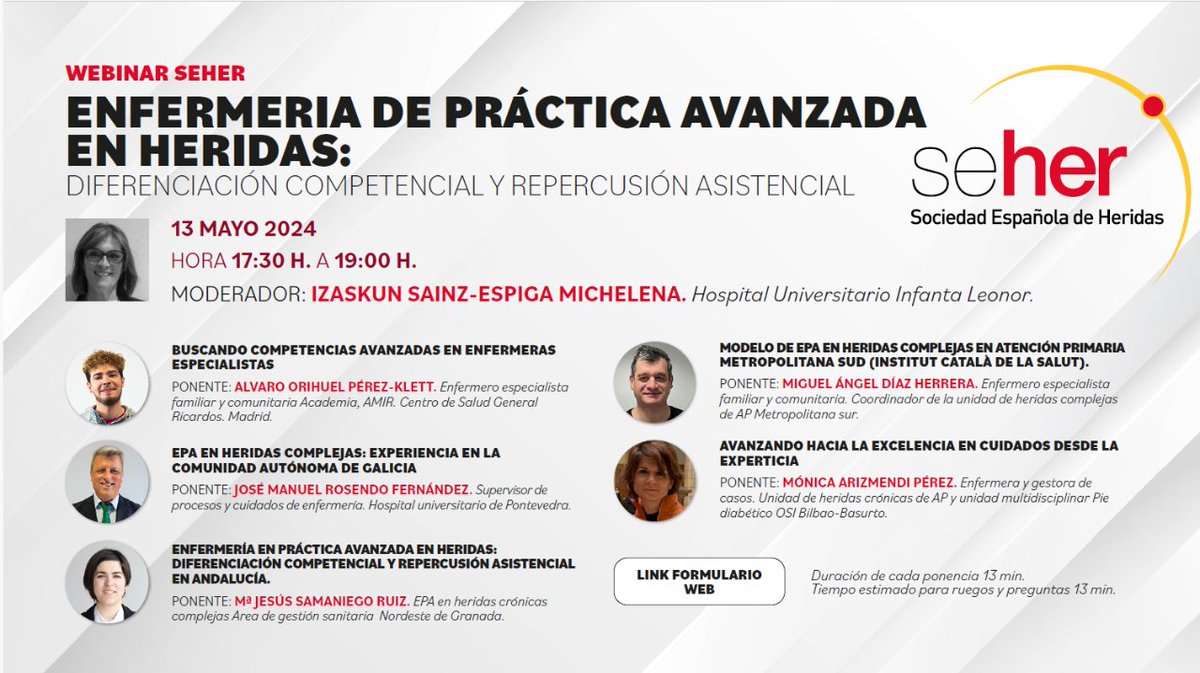 Iniciamos mayo y este mes tenemos Webinar 'ENFERMERIA DE PRÁCTICA AVANZADA EN HERIDAS: diferenciación competencial y repercusión asistencial'  📆 lunes 13 de mayo 🕰️ 17:30 h.  ¡¡Plazas limitadas!! intranet.pacifico-meetings.com/GescoWeb/?cfg=…