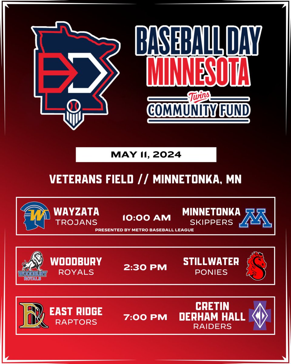 𝘽𝙖𝙨𝙚𝙗𝙖𝙡𝙡 𝘿𝙖𝙮 𝙈𝙞𝙣𝙣𝙚𝙨𝙤𝙩𝙖 

No.1️⃣ <a href="/wtbaseball2023/">Wayzata Trojans Baseball</a> 🆚 @tonkabaseball_1

No.🔟 <a href="/WHSBaseballMN/">Woodbury HS Royals Baseball</a> 🆚 No.3️⃣ @SAHSBaseball20

No.5️⃣ @CDH_Baseball 🆚 No.7️⃣ <a href="/ERHSRaptorsBB/">East Ridge Raptors Baseball Program</a>

▪️$10/$7 Adults/Students
▪️Kids under 12 wearing their team's jersey get in free
▪️Cash/Check/Venmo