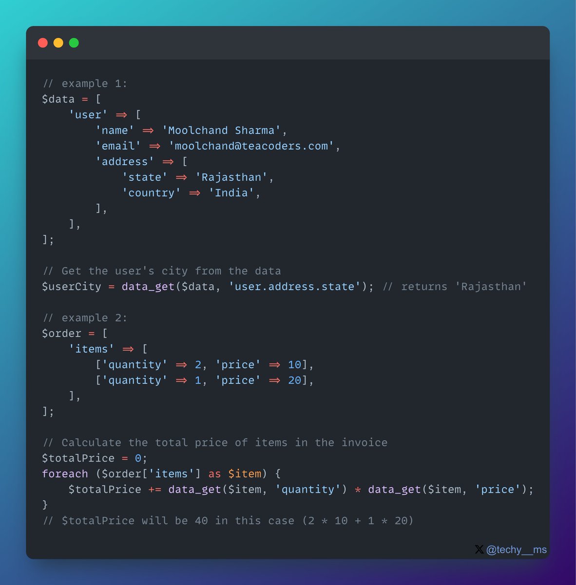 💡 Simplify nested data retrieval in Laravel with data_get function! Easily access values from multi-dimensional arrays or objects using dot notation. Check out these examples! 🚀

#PHP #Laravel #LaravelTips #ProgrammingTips #DataHandling