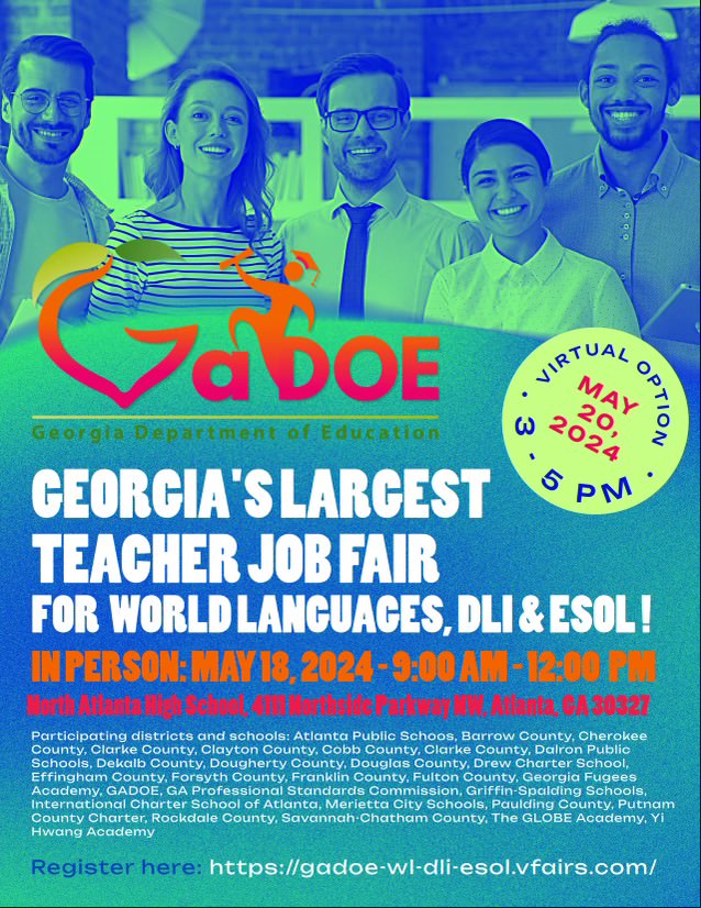 It's job fair time with @gadoeworldlang!! Come work with us in GA! 🧡

gadoe-wl-dli-esol.vfairs.com 

#LangChat #Languages4All