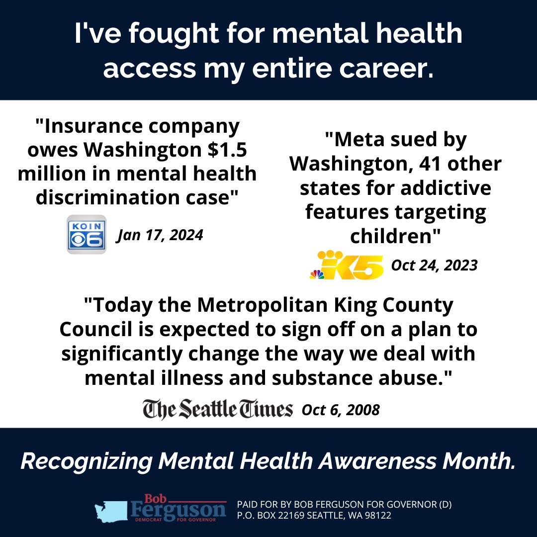 For my entire career, I have fought for expanded mental health treatment for Washingtonians. I’ve held big corporations like Meta accountable for harming youth mental health. I’ve also challenged companies discriminating against people based on their mental health. I recognize