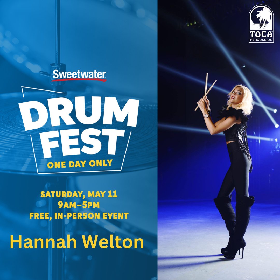 It's DrumFest One Day Only at @sweetwatersound with a wonderful appearance from Toca artist Hannah Welton.
SATURDAY, MAY 11th 9AM–5PM  FREE, IN-PERSON EVENT.
sweetwater.com/drumfest/

#tocapercussion #sweetwater #SomosFamilia #hannahwelton #drumfest #drumsforeveryone #justplay