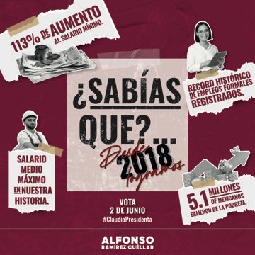 En el gobierno de la Transformación, hemos logrado avances significativos en materia laboral, como la creación de empleos y un aumento histórico en el salario mínimo.

Este 2 de junio, daremos #UnPasoMás para seguir transformando y mejorando las condiciones laborales en 🇲🇽.…