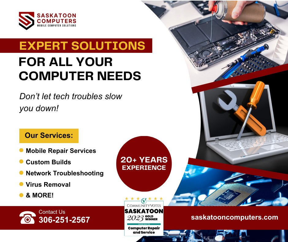 Don't let tech troubles slow you down!🛠️

Whether you're managing a home office or a bustling business, trust us to diagnose and resolve a range of issues so you can get back to smooth sailing with your technology 💻

#Saskatoon #YXE #RemoteSupport #Computer #Repair #YXEBusiness