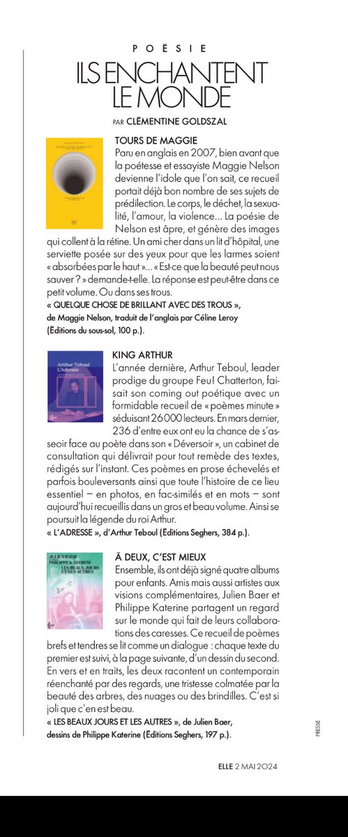 Dans @ELLEfrance cette semaine, Maggie Nelson, Arthur Teboul, Julien Baer et Philippe Katerine, une petit triplette poétique. 📚🤓💘