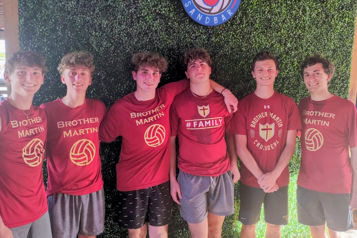Congratulations to the Brother Martin Beach Volleyball A Team who defeated Jesuit last night! Our next game will be versus Archbishop Shaw at 5:30 p.m. tonight. Let's geaux, Crusader volleyball! 🏐👏 #BMHSCrusaders #BEaCRUSADER