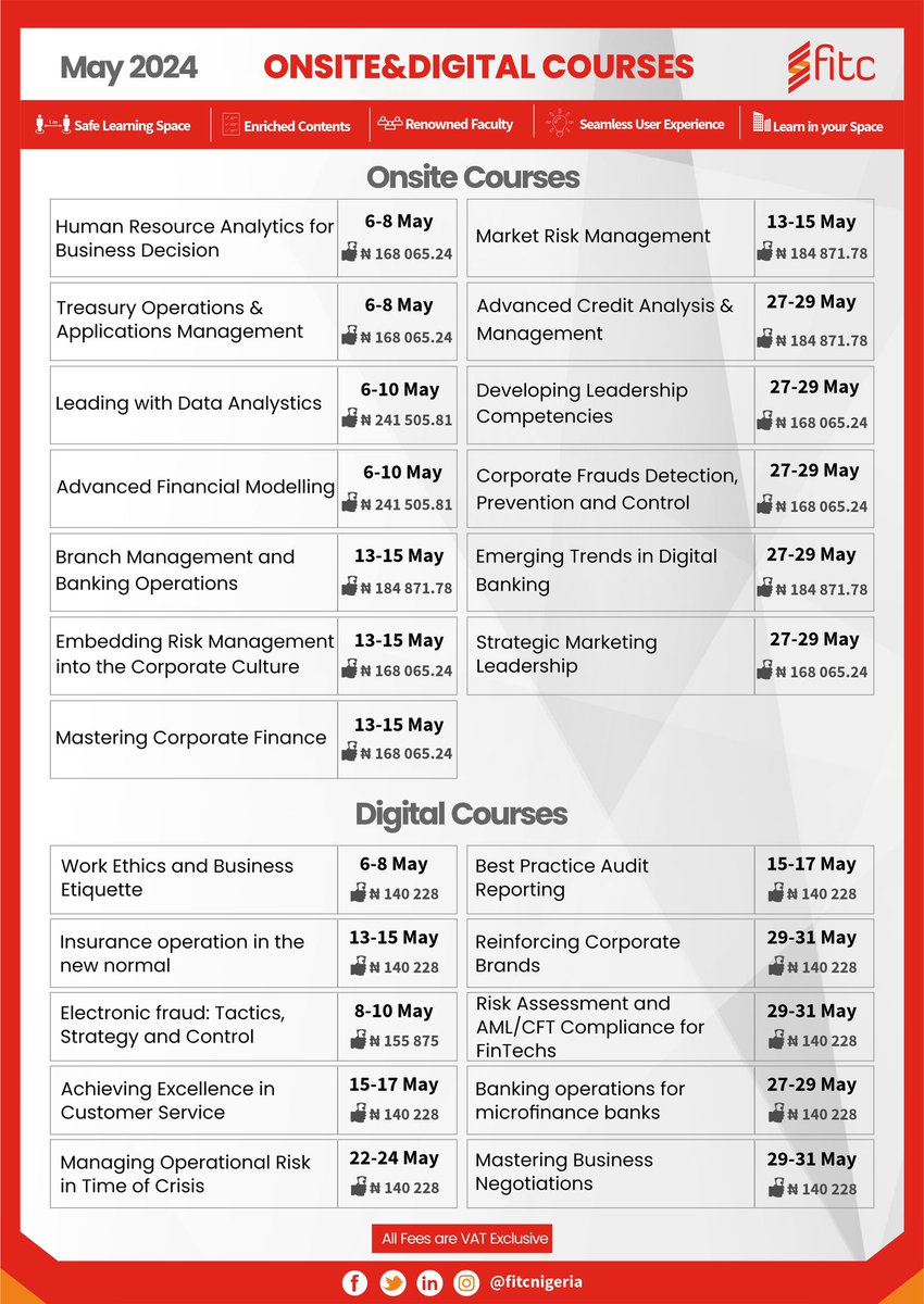 FITCNIGERIA's tweet image. Embark on a journey of learning and growth with our diverse range of courses designed to elevate your skills and knowledge. 
Visit our website at fitc-ng.com to reserve your spot now

#ProfessionalDevelopment #DigitalCourses #OnSiteWorkshops #FitcNigeria