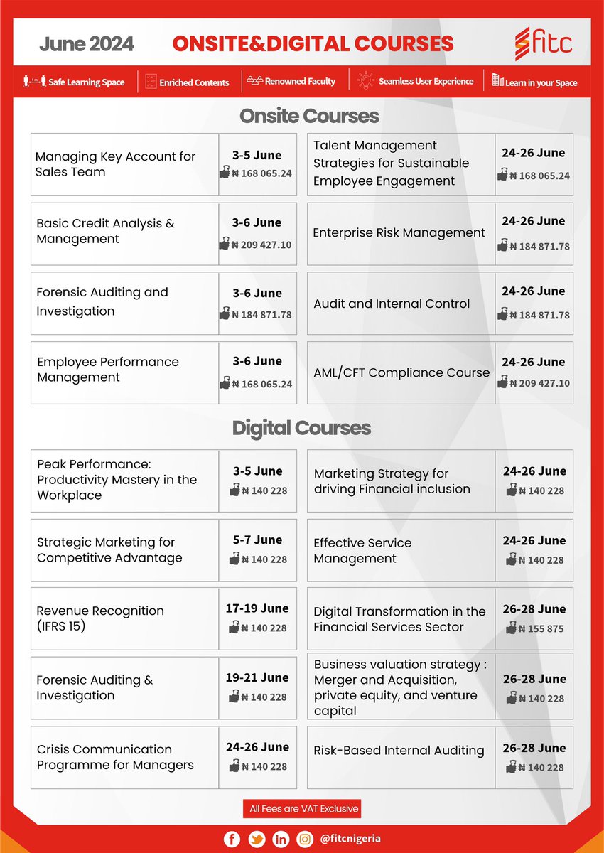 FITCNIGERIA's tweet image. Embark on a journey of learning and growth with our diverse range of courses designed to elevate your skills and knowledge. 
Visit our website at fitc-ng.com to reserve your spot now

#ProfessionalDevelopment #DigitalCourses #OnSiteWorkshops #FitcNigeria