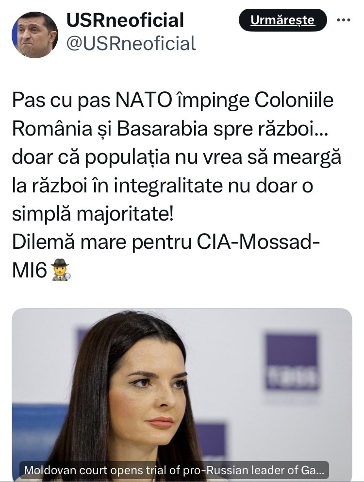 Pe @USRneoficial Oculta îl bagă-n război din trei în trei zile. Astăzi începem măcelul din cauza faptului că rapandula aia găgăuză a fost trimisă in judecată. Sâmbătă vom fi băgați în război din alt motiv, vom vedea atunci care va fi ăla.