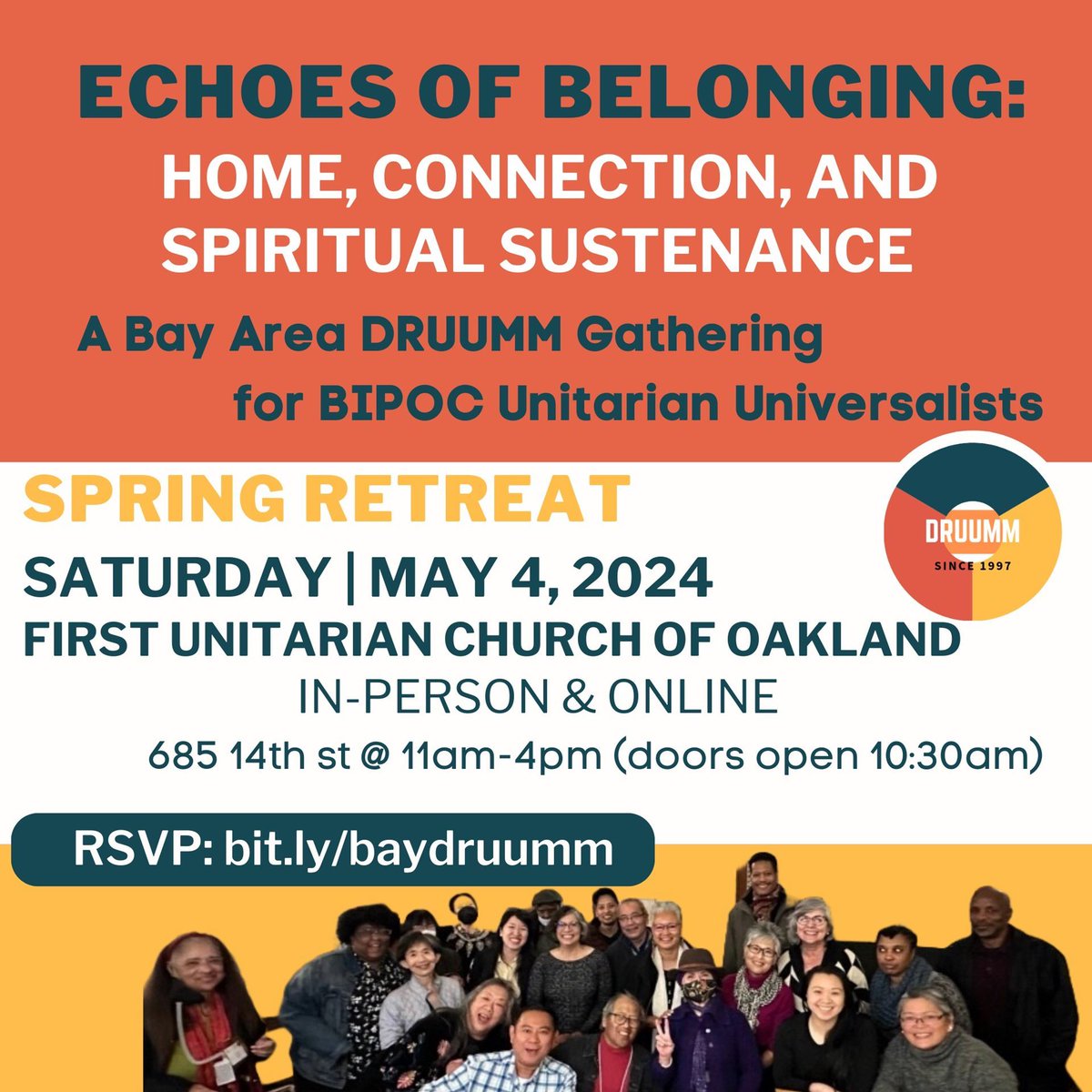 The Bay Area DRUUMM spring retreat for BIPOC Unitarian Universalists is this Saturday at the First Unitarian Church of Oakland. Learn more at bit.ly/baydruumm. #UUTwitter