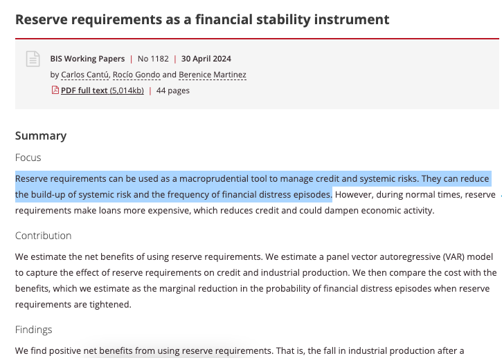 'Reserve requirements can be used as a #macroprudential tool to manage credit and systemic risks. They can reduce the build-up of #SystemicRisk and the frequency of financial distress episodes.' @BIS_org bis.org/publ/work1182.…