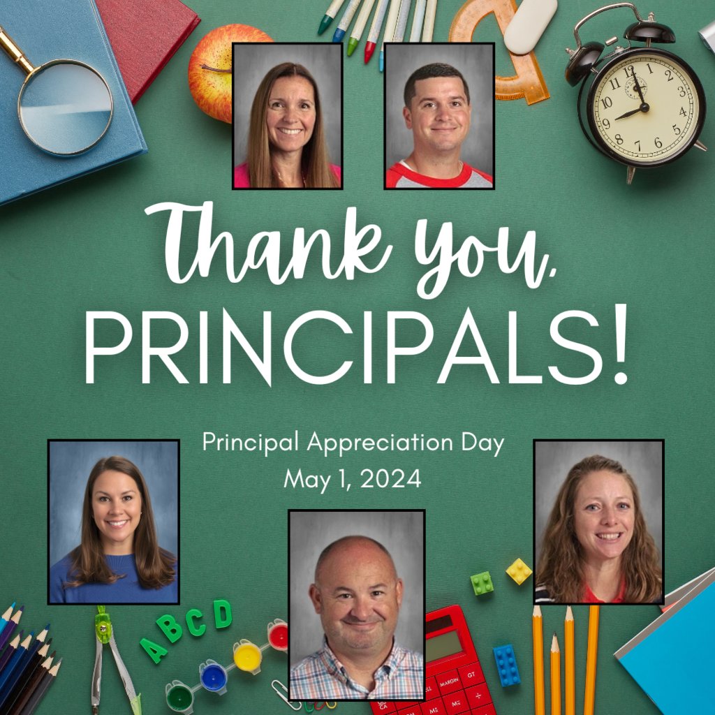 Happy Principal Appreciation Day to our dedicated Principals, Ms. Lingenfelter, Mr. Brindle, Mr. Long, Mrs. Hoover, and Mrs. Kenneff! Thank you for all that you do for our students and district!