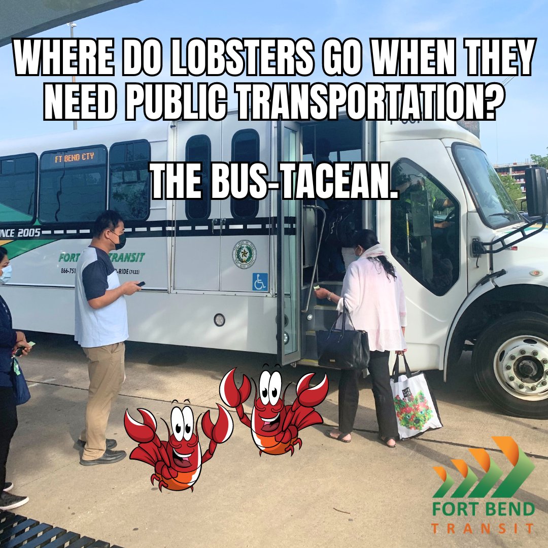 Wednesday Checklist 🗒️
✅Wake up early
✅Drink coffee
✅Laugh at the cheesy Fort Bend Transit joke
🤣🦞🚏

#WednesdayWisdom #ridefbt #SmarterTravel #ConnectingCommunities #fortbendcounty #houstontx