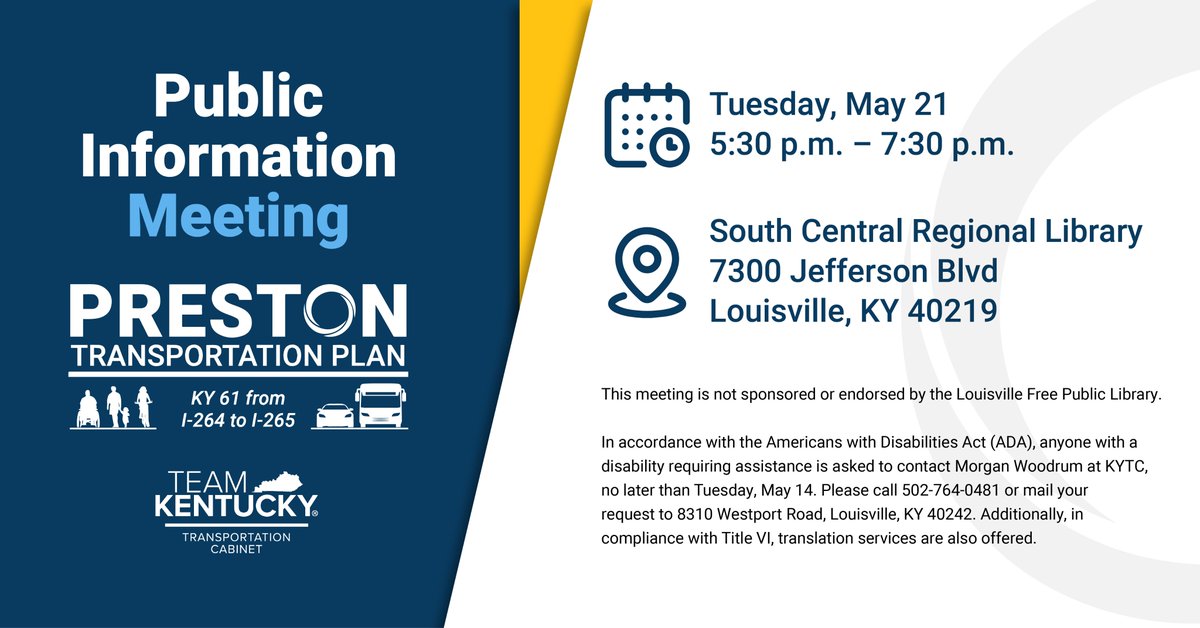 A transportation planning study now underway in Jefferson County will evaluate potential improvements to KY 61/Preston Highway between I-265 (Gene Snyder Freeway) and I-264 (Watterson Expressway). Details: lnks.gd/2/2vT__nb