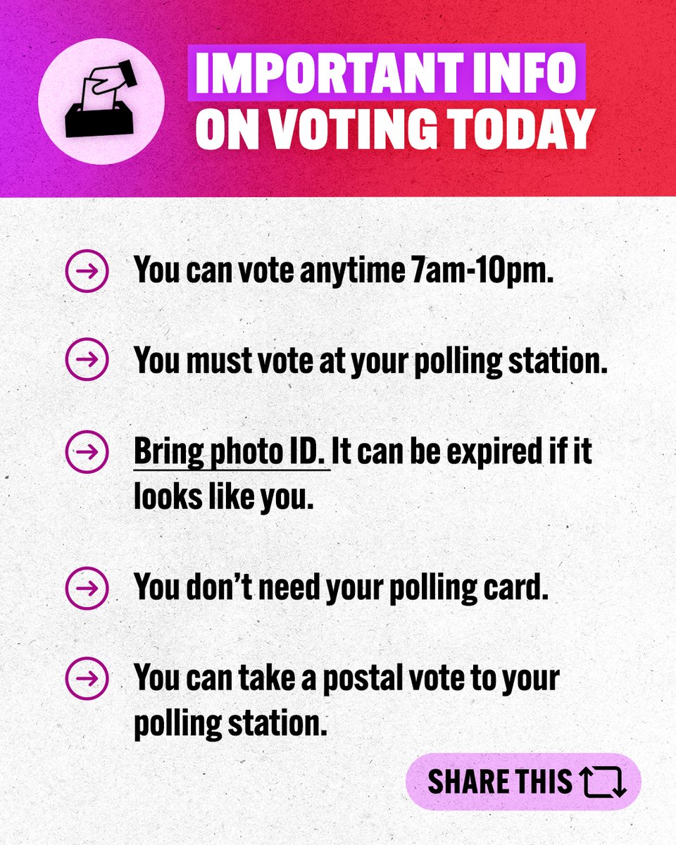 Today is polling day! Here’s what you need to know. 👀 Read this. ↗️ Share it. 👋 Tell your friends and family to vote Labour and check iwillvote.org.uk