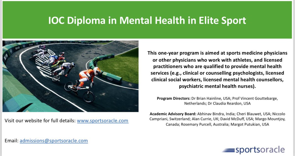 IOC Diploma in Mental Health in Elite Sport. Next intake starts 1st Sept. Program Directors @VGouttebarge @BrianHainline Dr Claudia Reardon. Applications now open sportsoracle.com/course/ioc-dip… #iocdiploma #mentalhealth #onlinelearning