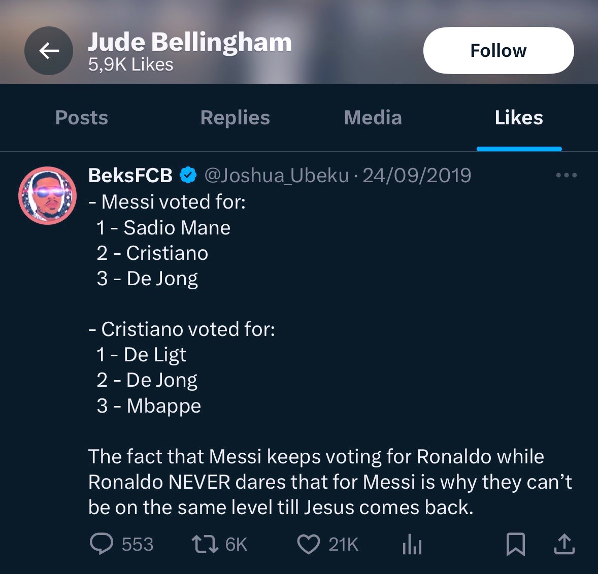 Bellingham might have been a bigger Ronaldo hater than anyone on this app 'cause how tf was he liking BeksFCB tweets 😭😭😭😭