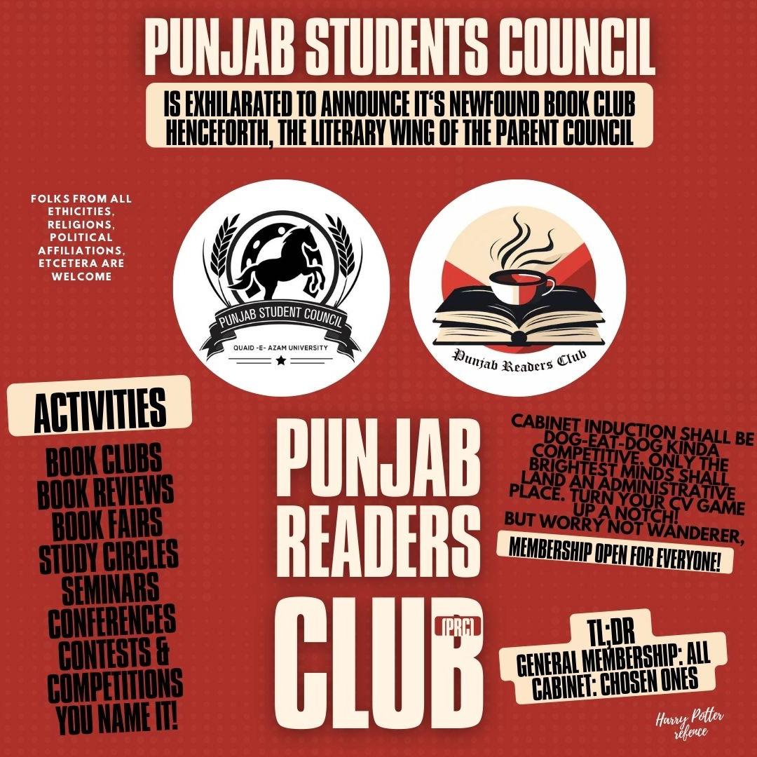 PunjabSCQAU's tweet photo. Heads up, bibliophiles! 📣

Punjab Readers Club (PRC)
Punjab Students Council (PSC) is exhilarated to announce officially its newfound offshoot — a novel book club (pun-intended) — the Punjab Readers Club (abbreviated PRC), henceforth the literary wing of the council. https://t.co/v9aWlTlGwy