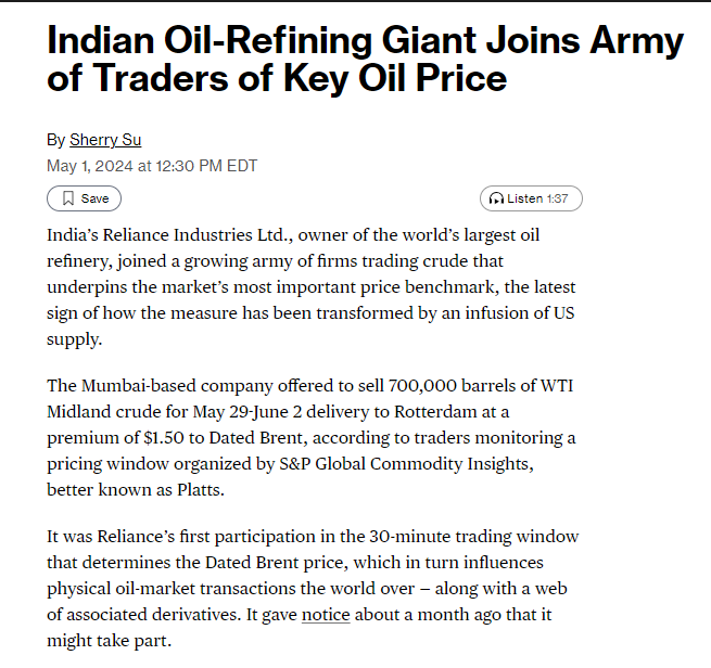 India's Reliance Joins Army of Traders of Key Oil Price