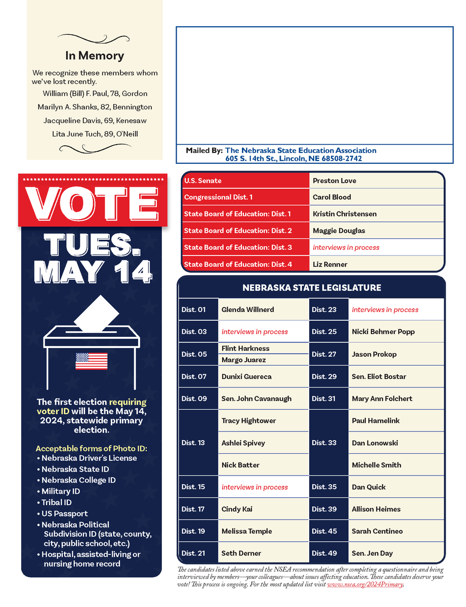 The May issue of The Voice will be in mailboxes soon, but you can read it online now at nsea.org/voice. Inside you'll find details about the private school voucher fight, and recommended candidates for the May 14 Primary Election.